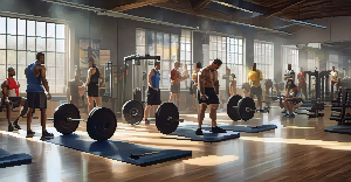 A diverse group of individuals in a gym, focusing on a man lifting weights, with natural light illuminating the scene.
