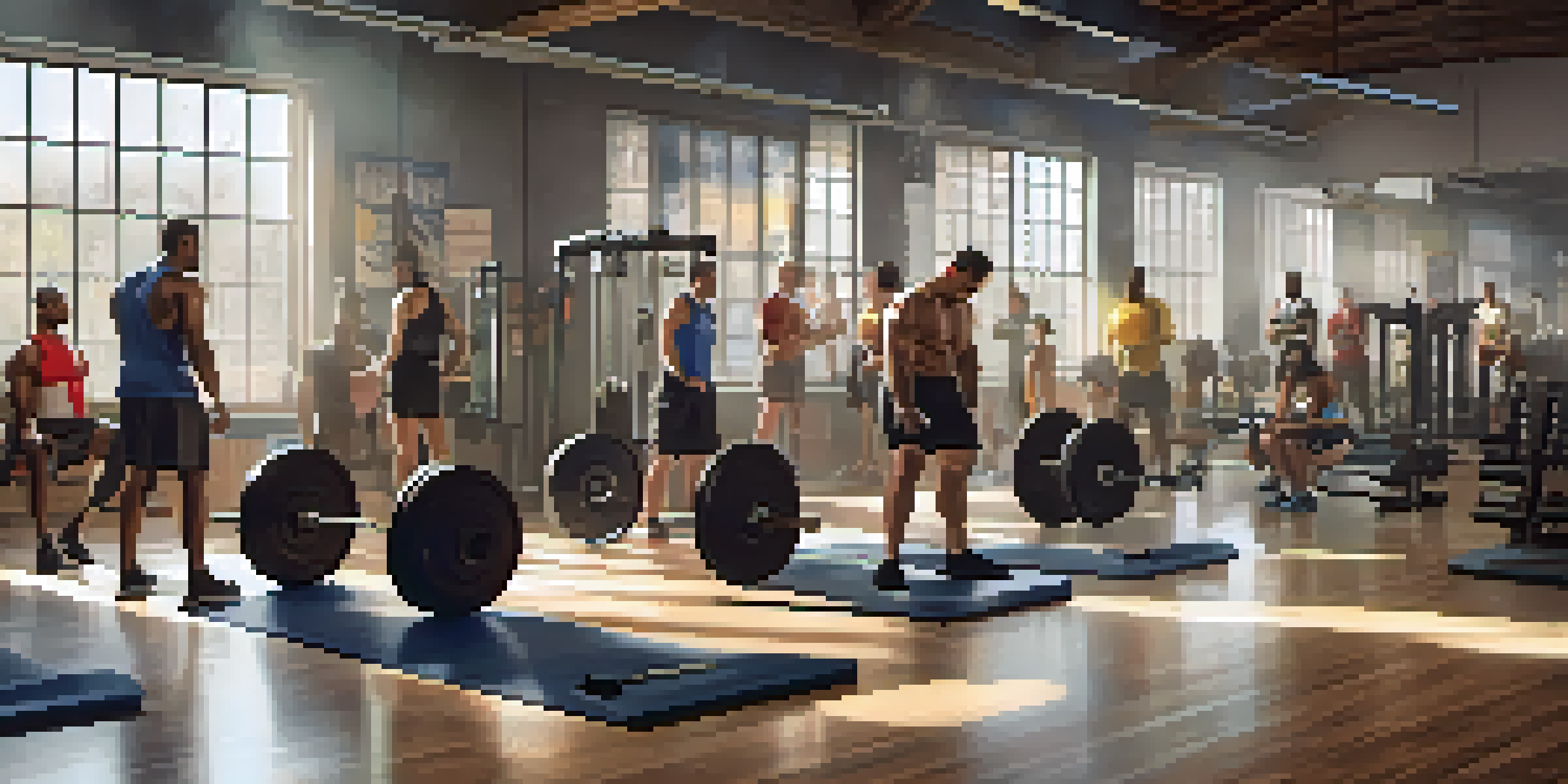 A diverse group of individuals in a gym, focusing on a man lifting weights, with natural light illuminating the scene.