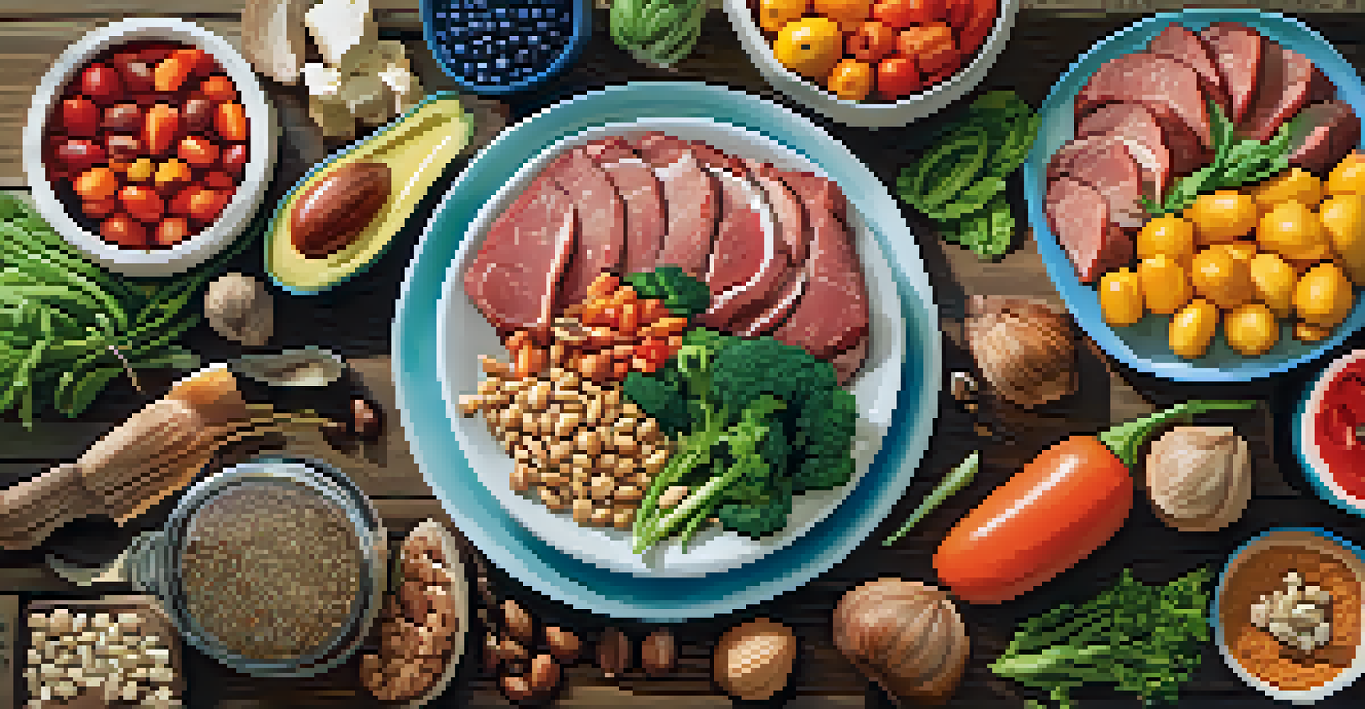 A vibrant and colorful display of a healthy meal featuring lean meats, fresh vegetables, whole grains, and nuts on a wooden table.