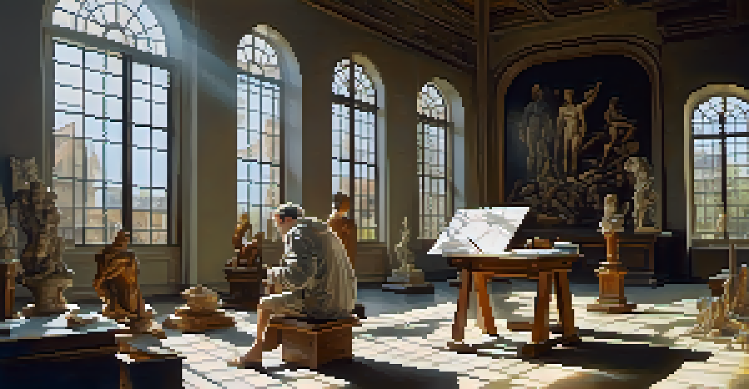 A Renaissance artist studying human anatomy in a sunlit studio filled with sketches and sculptures of muscular figures.