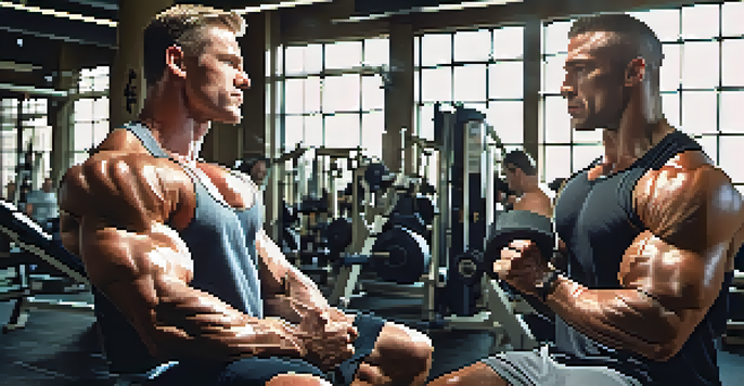 Two bodybuilders in a gym, one spotting the other during a bench press, with sunlight illuminating the scene.