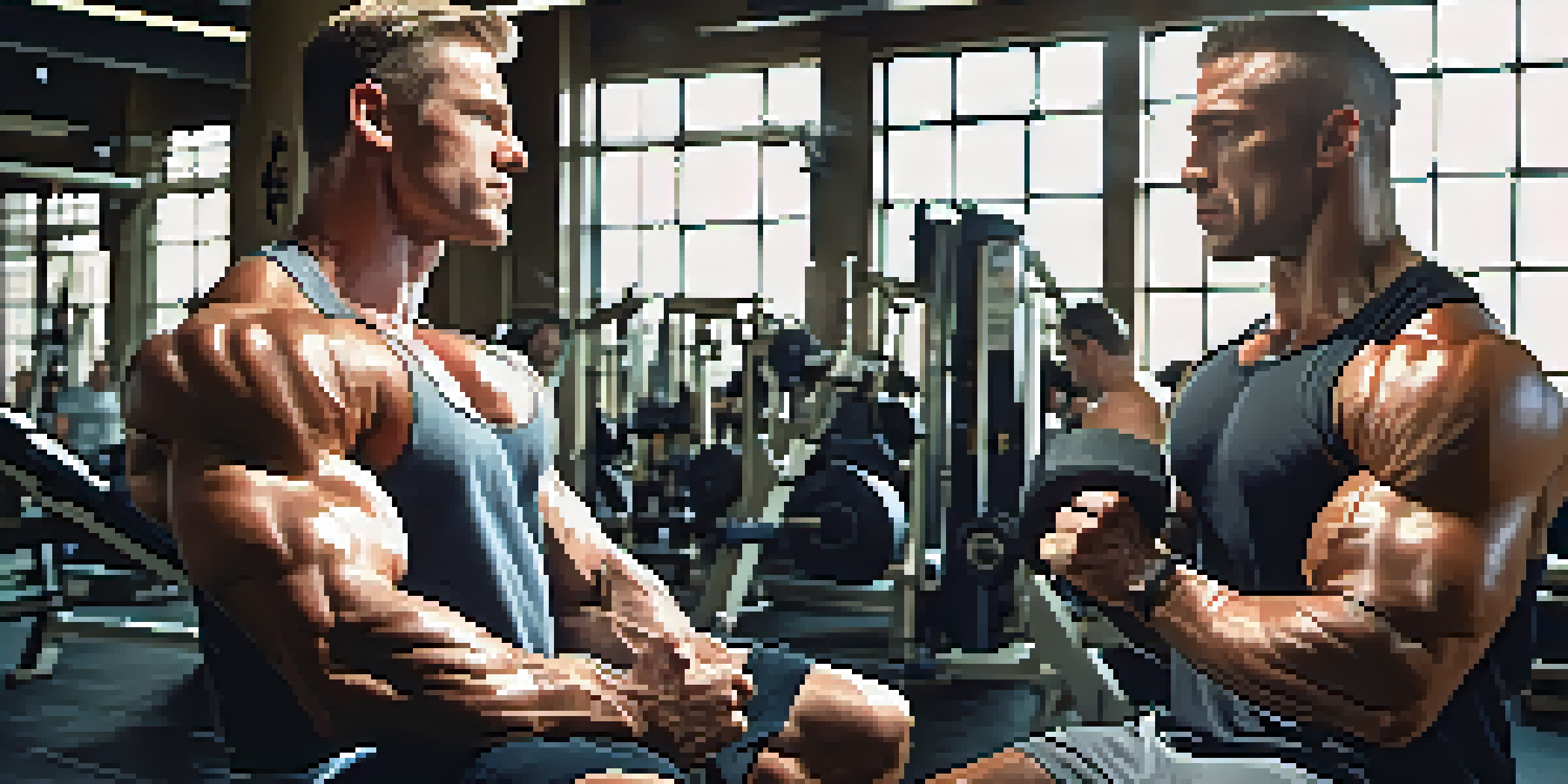 Two bodybuilders in a gym, one spotting the other during a bench press, with sunlight illuminating the scene.
