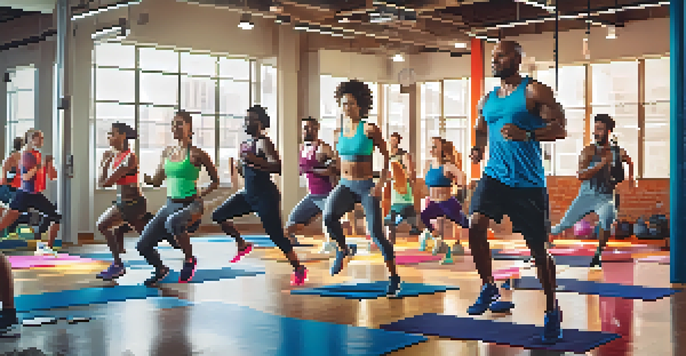 A diverse group of people performing high-intensity interval training in a modern gym, showcasing various exercises with bright lighting.