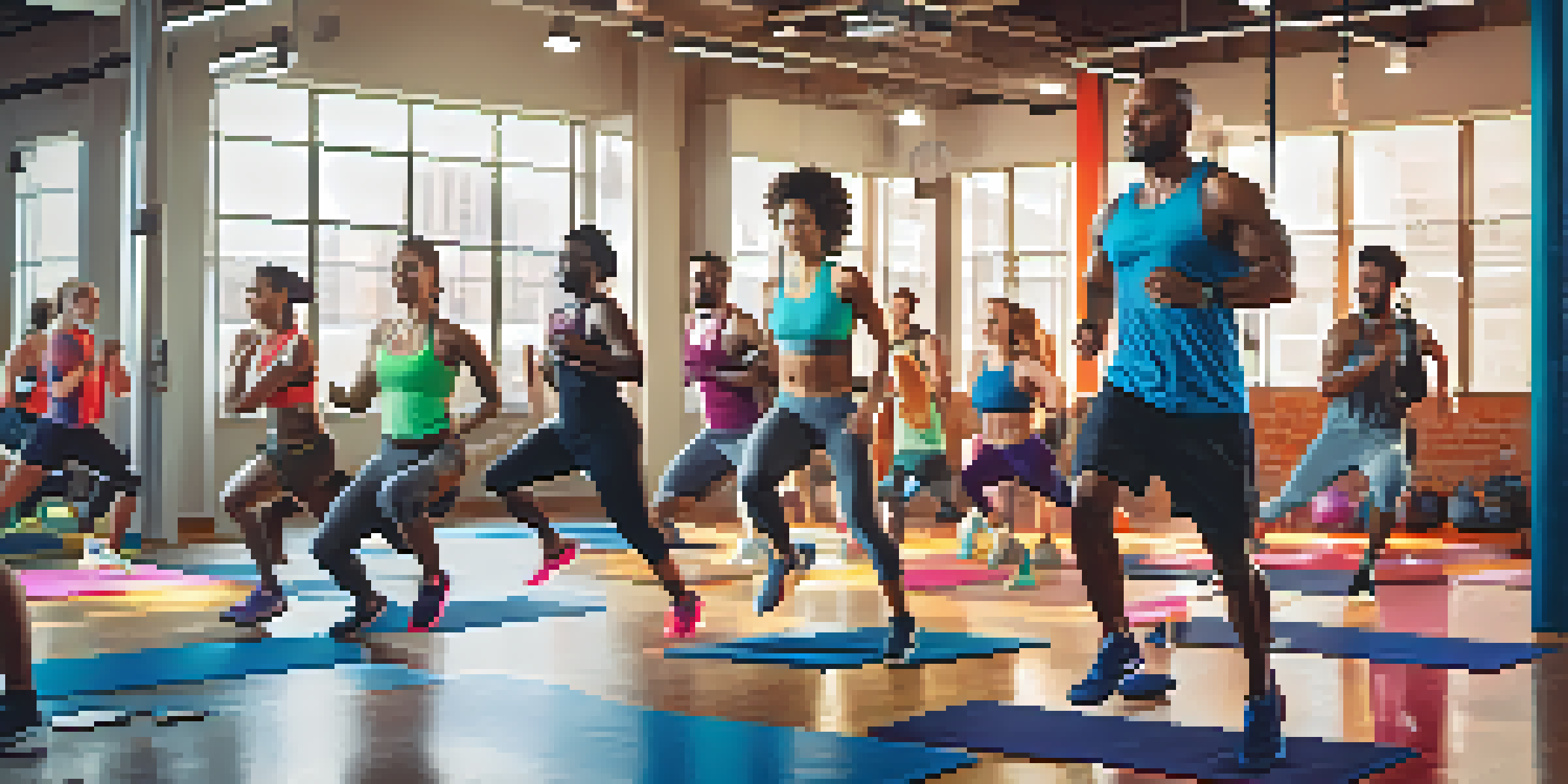 A diverse group of people performing high-intensity interval training in a modern gym, showcasing various exercises with bright lighting.