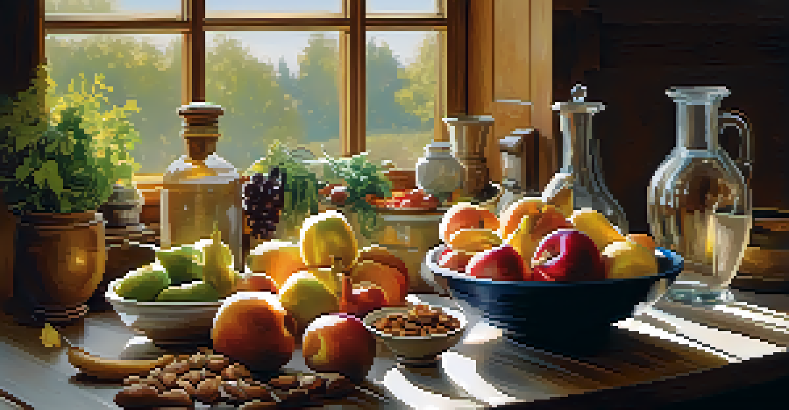 A bright kitchen with a wooden table filled with colorful fruits, vegetables, nuts, and a glass of water, illuminated by sunlight.