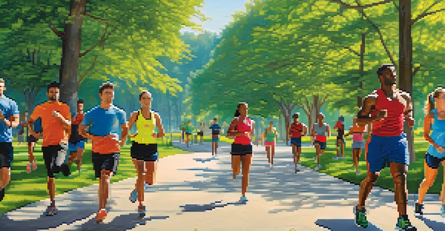 A group of diverse people exercising outdoors in a park, showcasing various workouts.