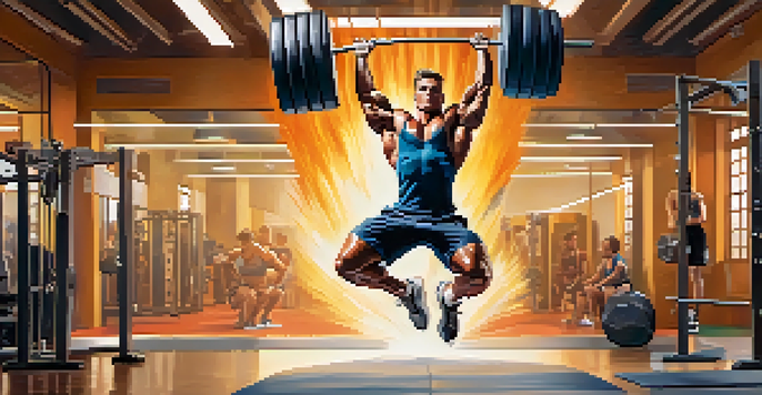 A bodybuilder in mid-air performing a box jump in a gym, muscles defined and focused.