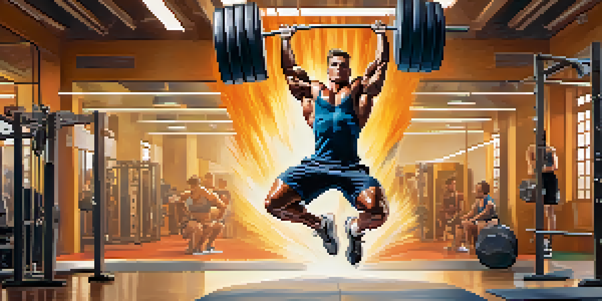 A bodybuilder in mid-air performing a box jump in a gym, muscles defined and focused.