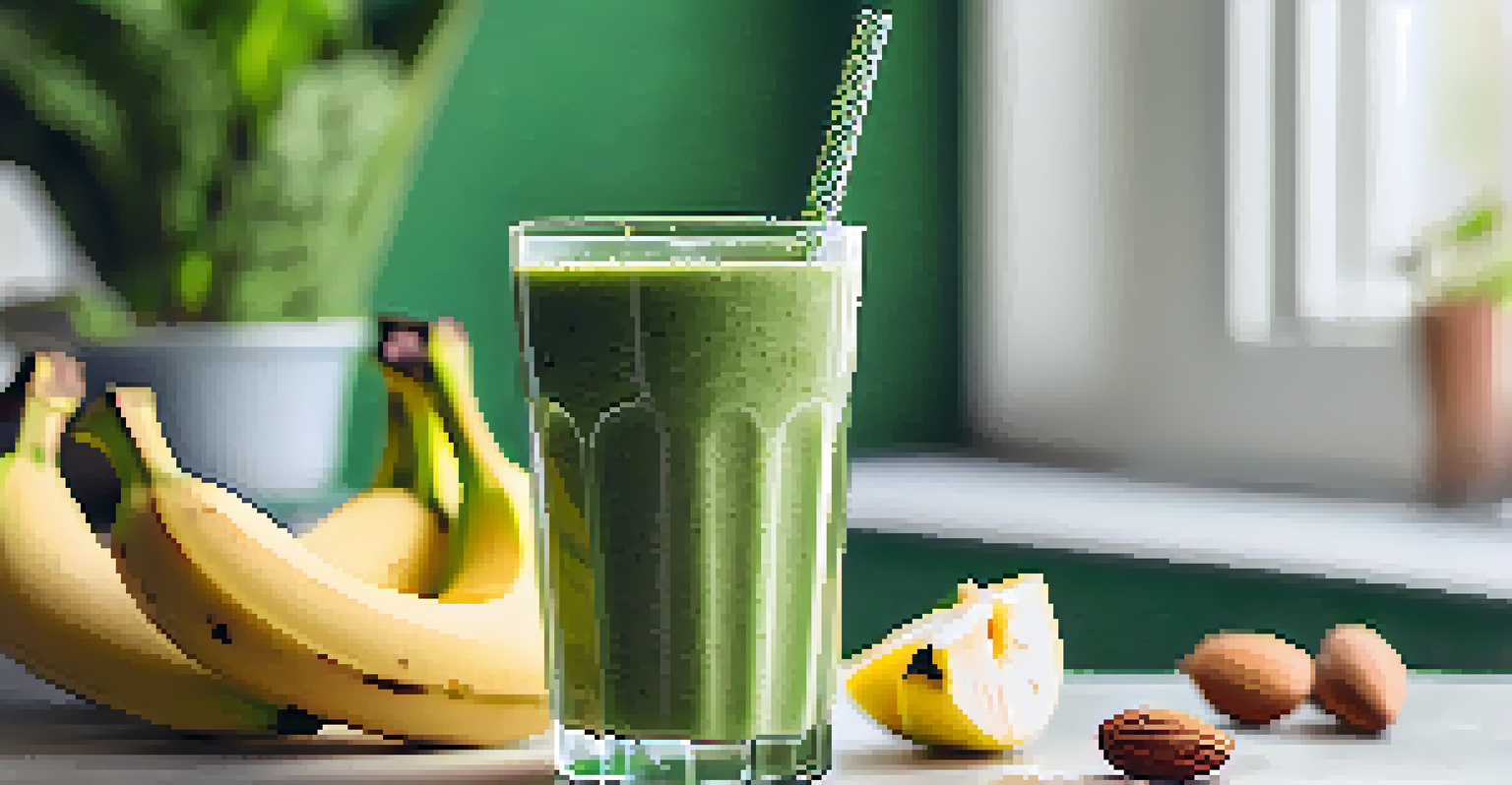 A green smoothie made with spinach and banana in a glass, garnished with a banana slice and chia seeds, set in a bright kitchen.