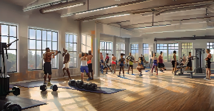 A diverse group of individuals working out in a bright fitness studio, using weights and resistance bands, with motivational posters on the walls.