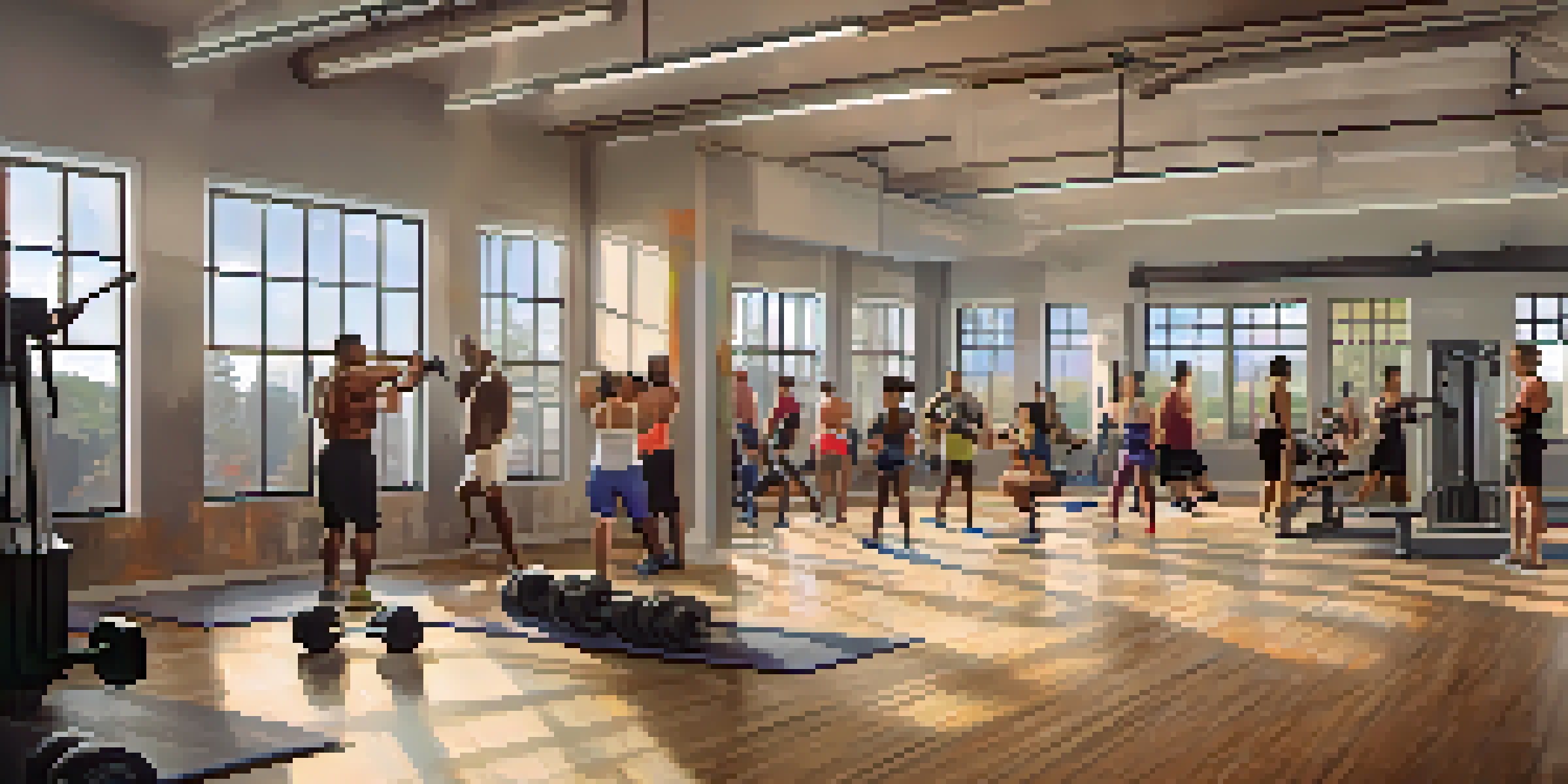 A diverse group of individuals working out in a bright fitness studio, using weights and resistance bands, with motivational posters on the walls.