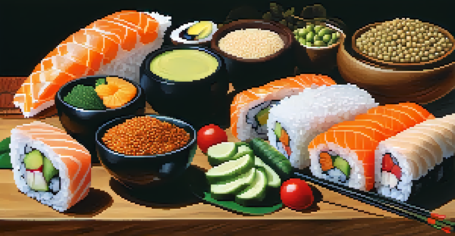A close-up of diverse healthy foods such as sushi, lentils, and tropical fruits arranged on a wooden board.