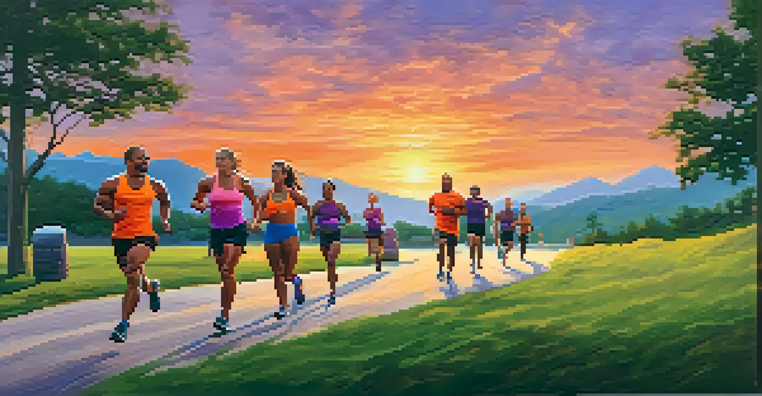 Group of bodybuilders jogging outdoors during sunset, with a colorful sky and lush greenery in the background.