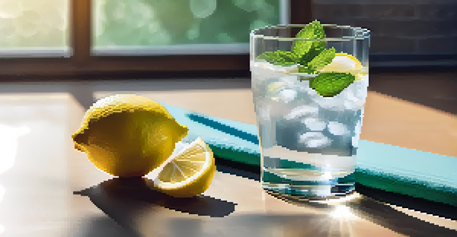 A glass of lemon and mint infused water beside a workout mat and dumbbells, illuminated by sunlight.