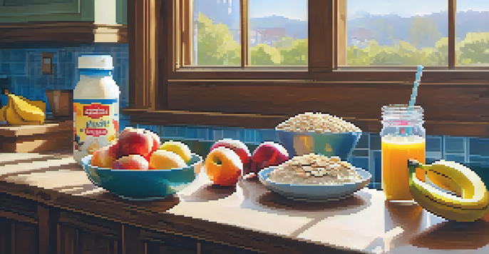 A bright kitchen scene with a pre-workout meal consisting of oatmeal with fruits, a protein shake, and a banana with peanut butter.