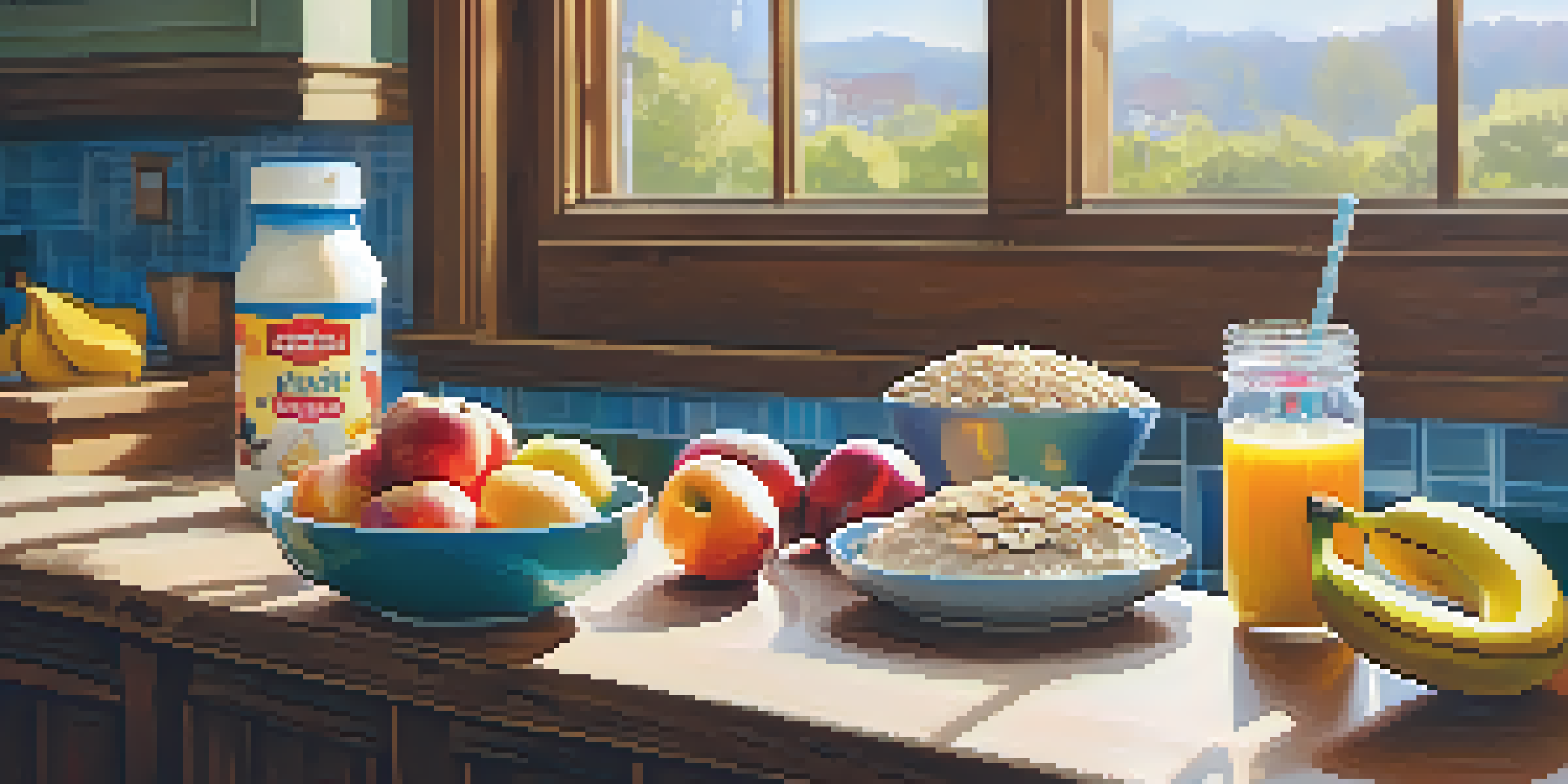 A bright kitchen scene with a pre-workout meal consisting of oatmeal with fruits, a protein shake, and a banana with peanut butter.