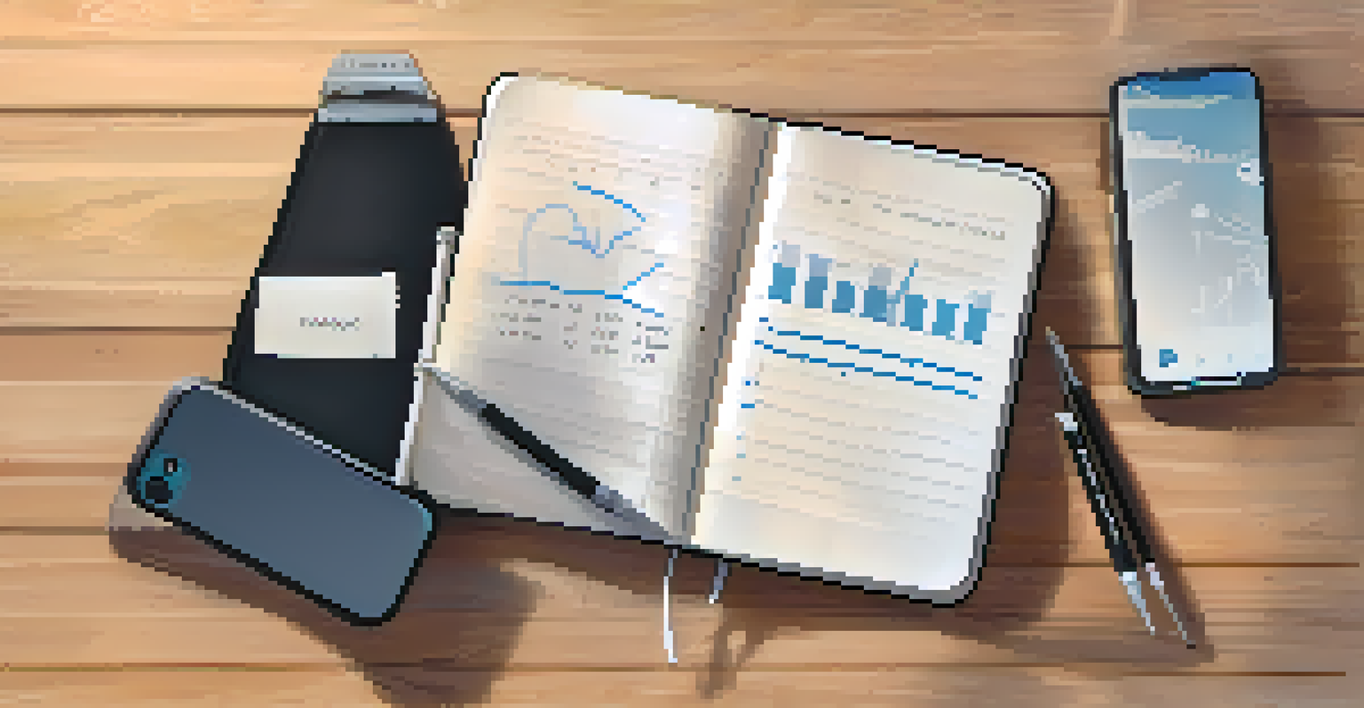 An overhead view of a notebook with body measurements, a measuring tape, and a smartphone on a wooden table.
