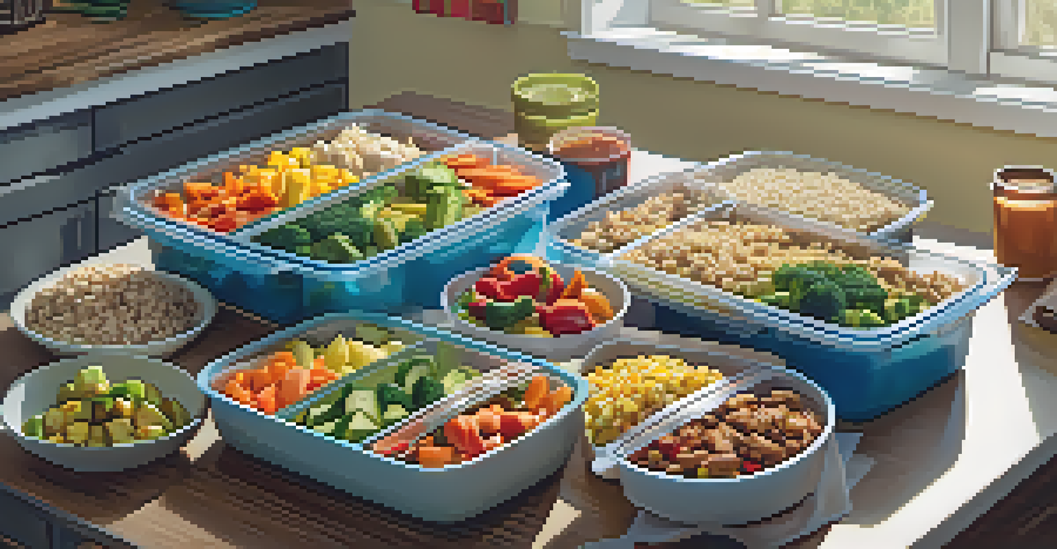 Neatly arranged meal prep containers with balanced meals on a bright kitchen countertop.