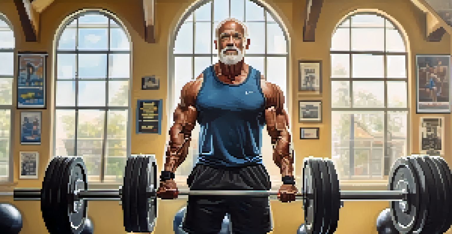 An older bodybuilder lifting weights in a well-lit gym with motivational posters and equipment around.