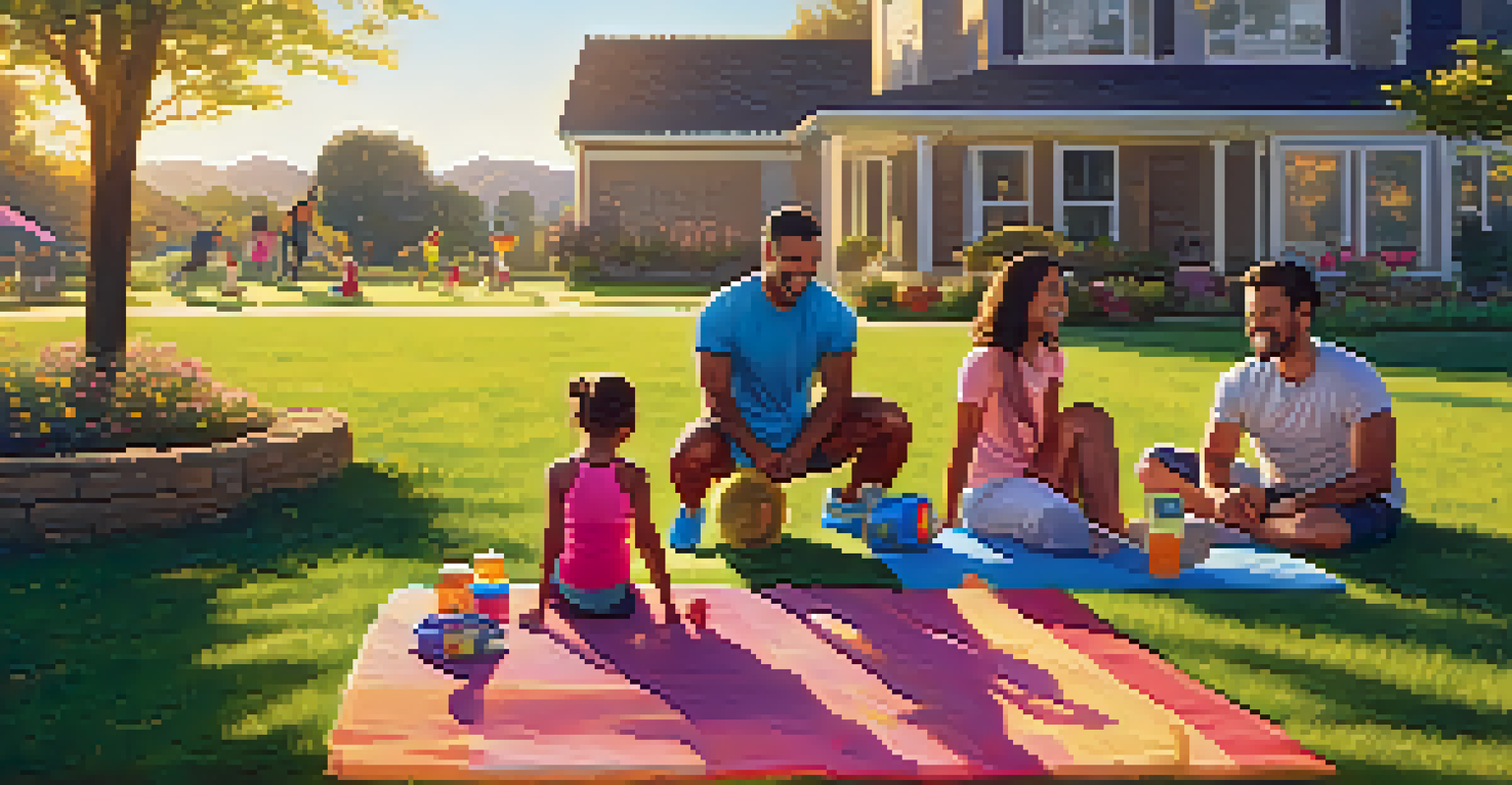 A family exercising together outdoors on a lawn, enjoying a fun and healthy workout session.