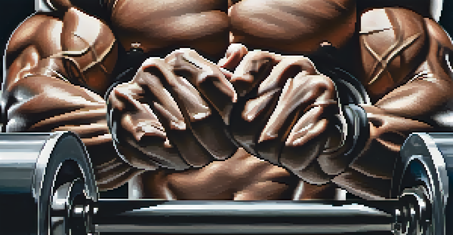 Close-up of a bodybuilder's hands gripping a barbell, showcasing strength and determination.