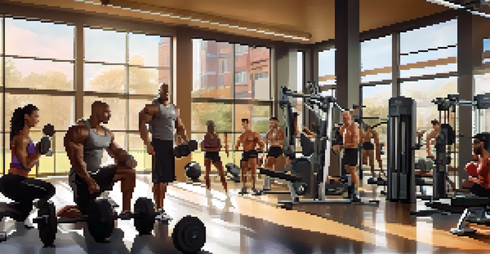 A diverse group of bodybuilders training in a well-lit gym with exercise equipment and motivational posters in the background.