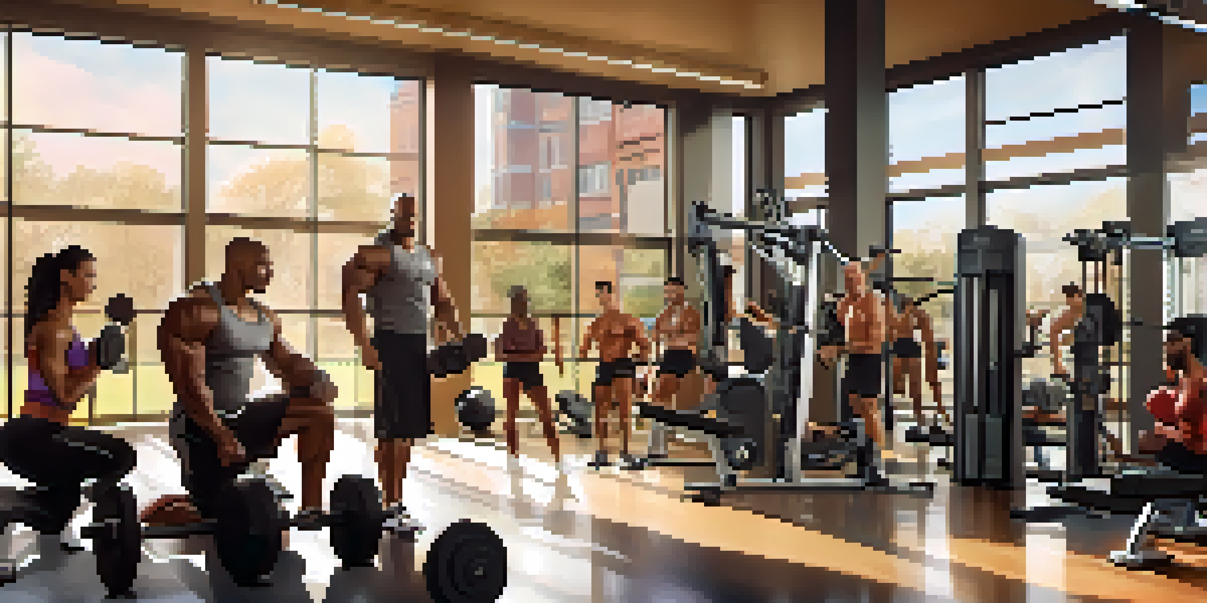 A diverse group of bodybuilders training in a well-lit gym with exercise equipment and motivational posters in the background.