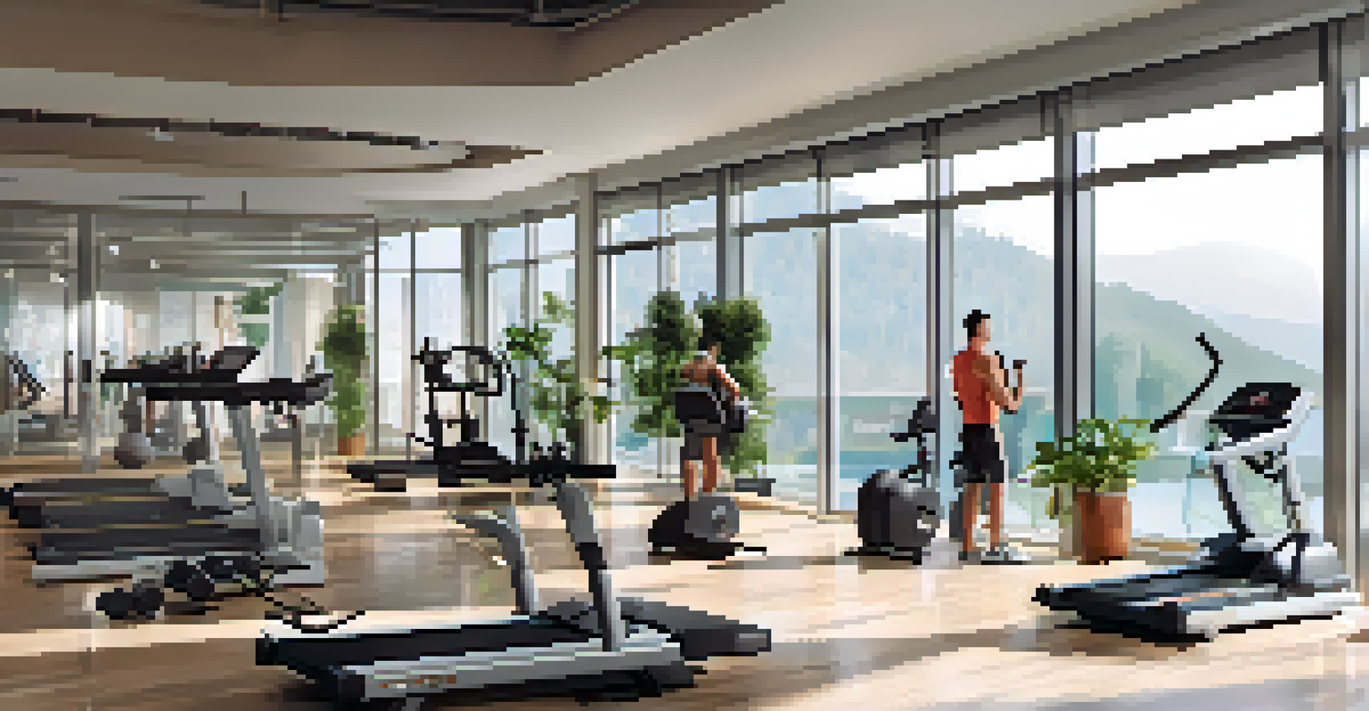 A modern hotel gym with fitness equipment, featuring a traveler on a treadmill and a personal trainer assisting a guest, illuminated by natural light.