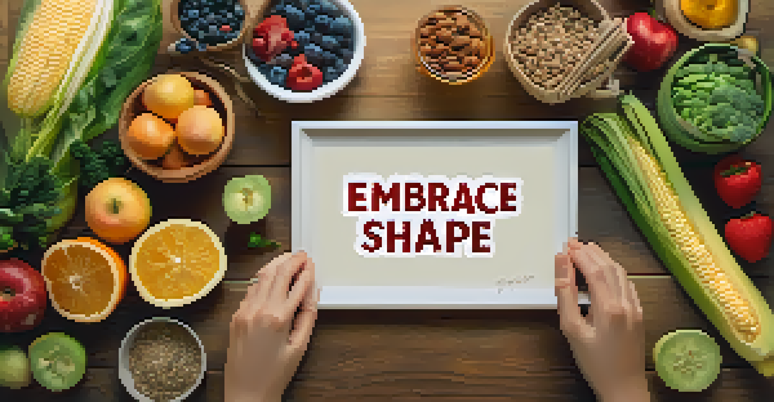 Close-up of hands holding a sign that says 'Embrace Your Shape' with healthy foods and workout gear around it.