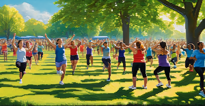 A lively fitness event in a park with diverse people participating in yoga, running, and group workouts, surrounded by greenery and colorful banners.