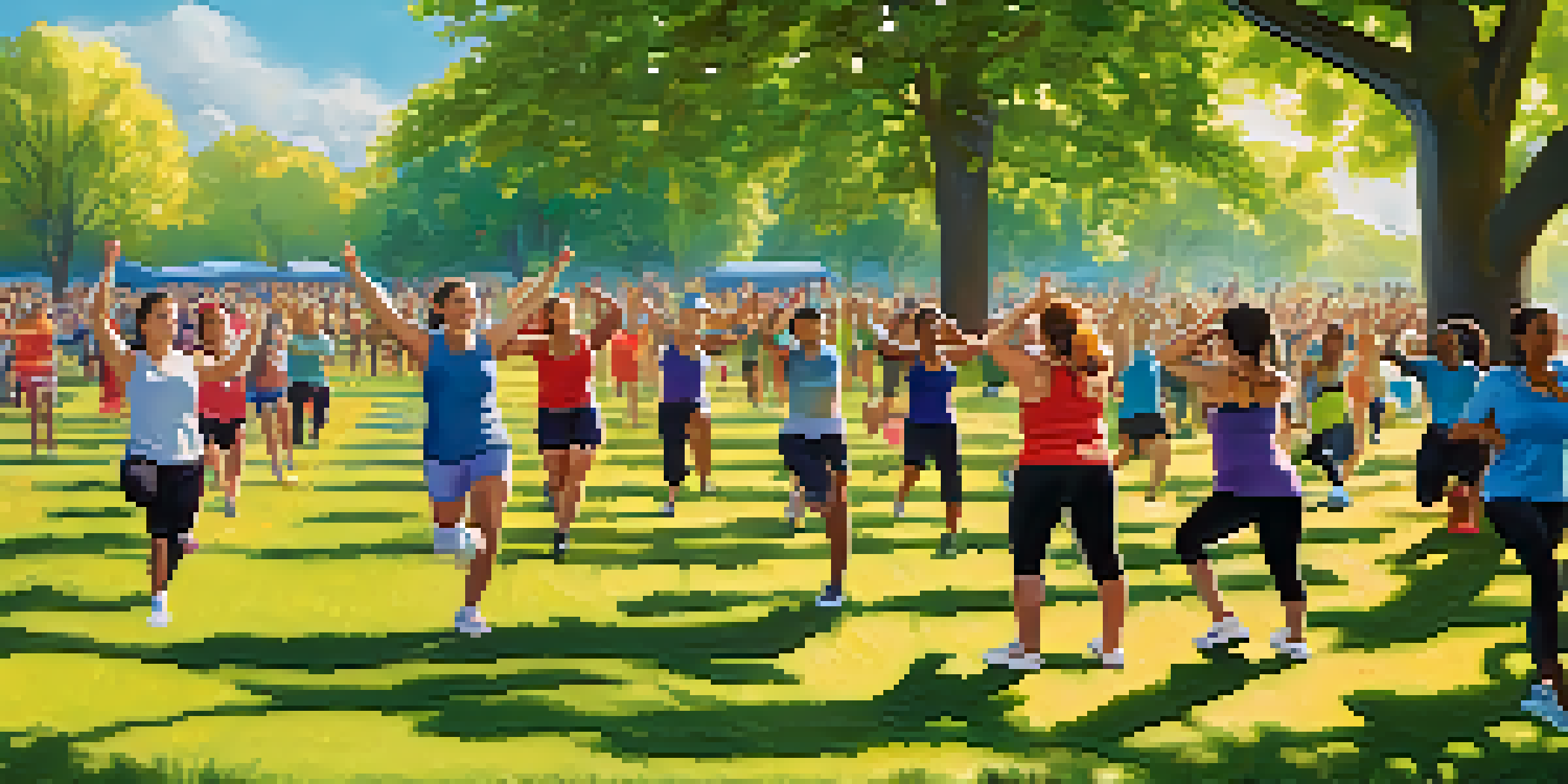 A lively fitness event in a park with diverse people participating in yoga, running, and group workouts, surrounded by greenery and colorful banners.