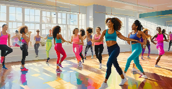 A lively dance workout class with diverse participants enjoying a Zumba session in a bright studio filled with natural light and colorful decorations.