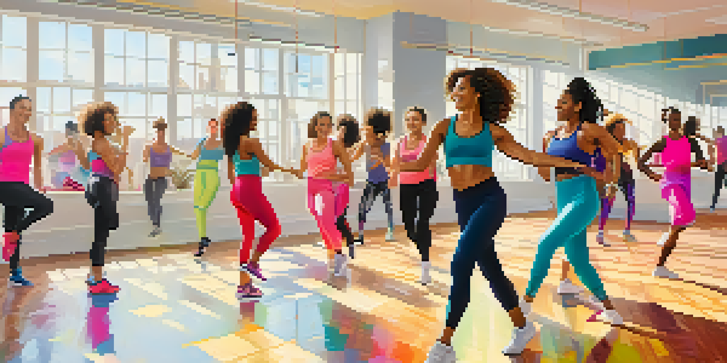 A lively dance workout class with diverse participants enjoying a Zumba session in a bright studio filled with natural light and colorful decorations.
