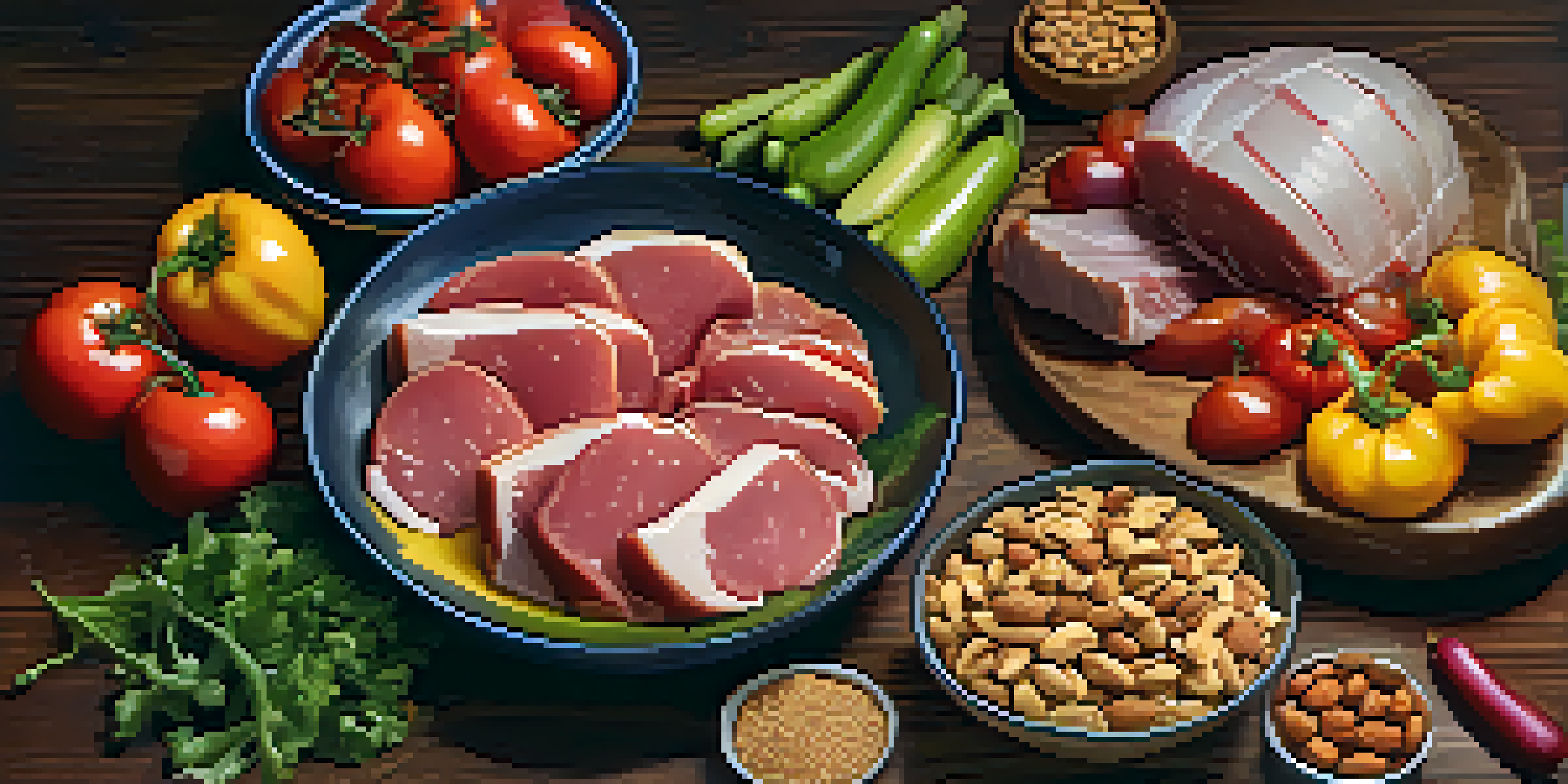 A beautifully arranged close-up of a colorful balanced meal with lean meats, fresh vegetables, and nuts on a wooden table, illuminated by soft natural light.