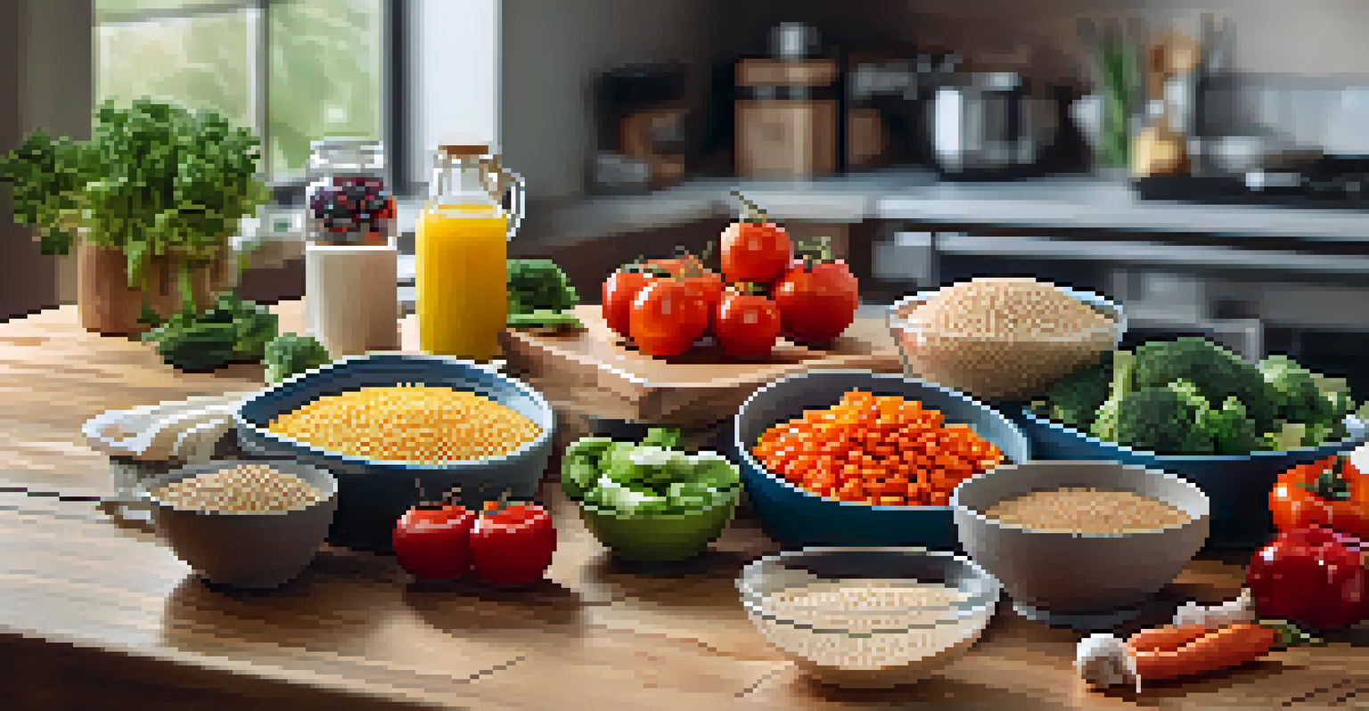 A close-up of a healthy meal prep setup with colorful bowls of proteins, vegetables, and grains on a wooden table.