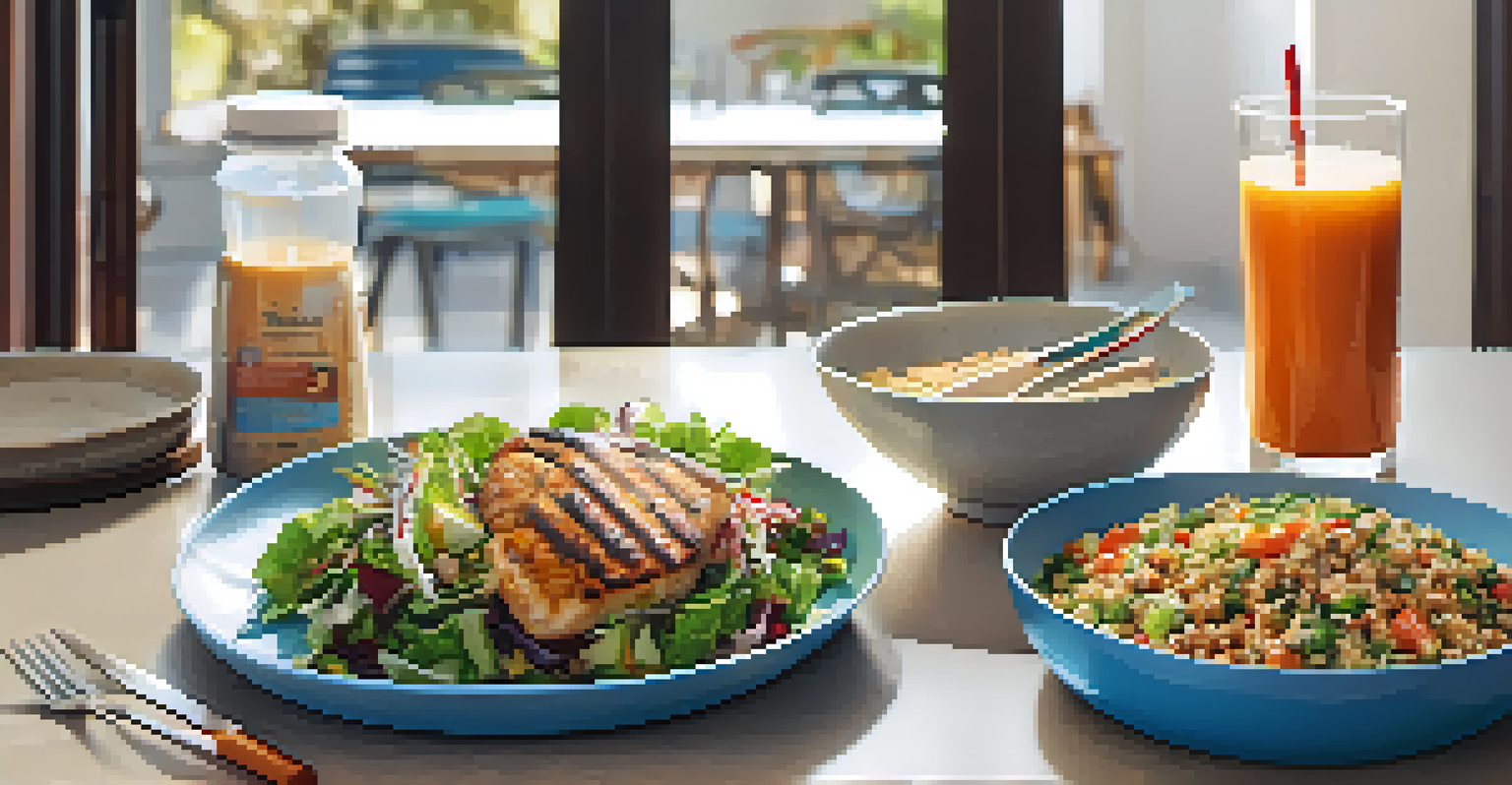 A balanced meal including grilled chicken, quinoa, and salad on a table with a water bottle and protein shake, illuminated by natural light.