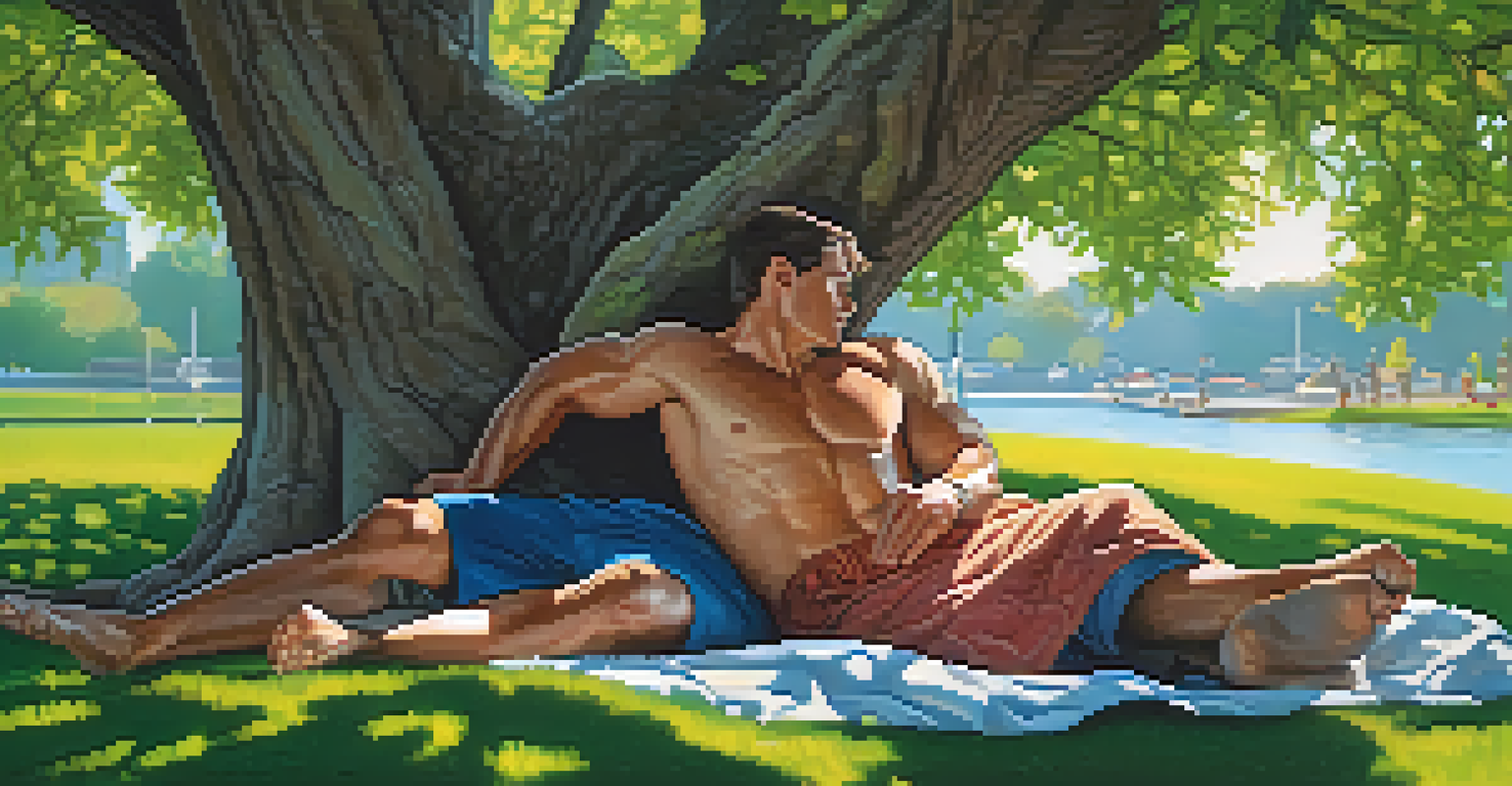 A bodybuilder napping on a picnic blanket in a park under a tree, surrounded by vibrant greenery and flowers.