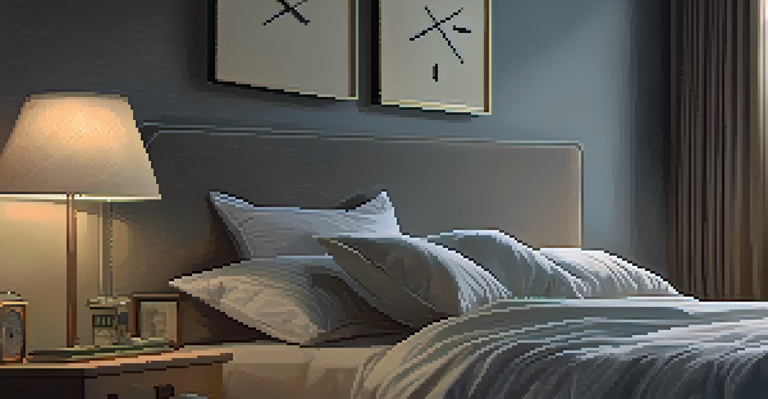 A peaceful bedroom scene with a person sleeping in a cozy bed, soft linens, and a calming atmosphere created by dim lighting and a night lamp.