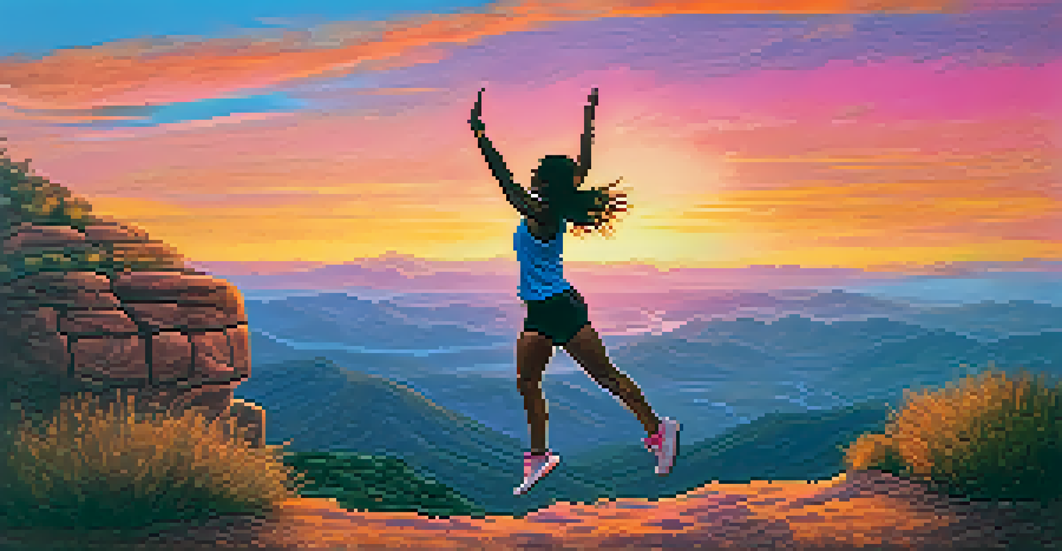 A person in silhouette doing jumping jacks on a hilltop at sunset, showcasing the beauty of outdoor exercise.