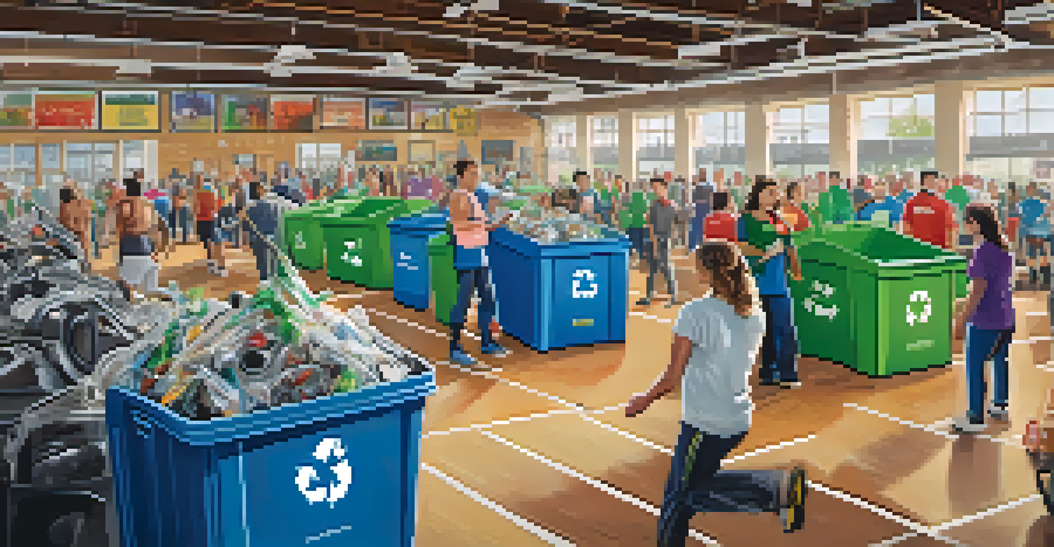 A community event at a gym where bodybuilders recycle old equipment, promoting sustainability.