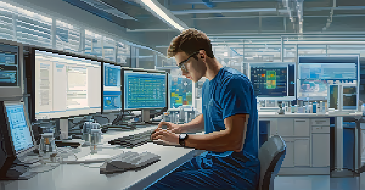 An athlete in a lab analyzing genetic data on a computer.