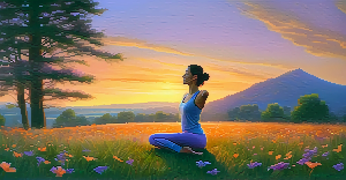 An athlete practicing yoga on a grassy field at sunset, surrounded by flowers and greenery, conveying a sense of calm and relaxation.