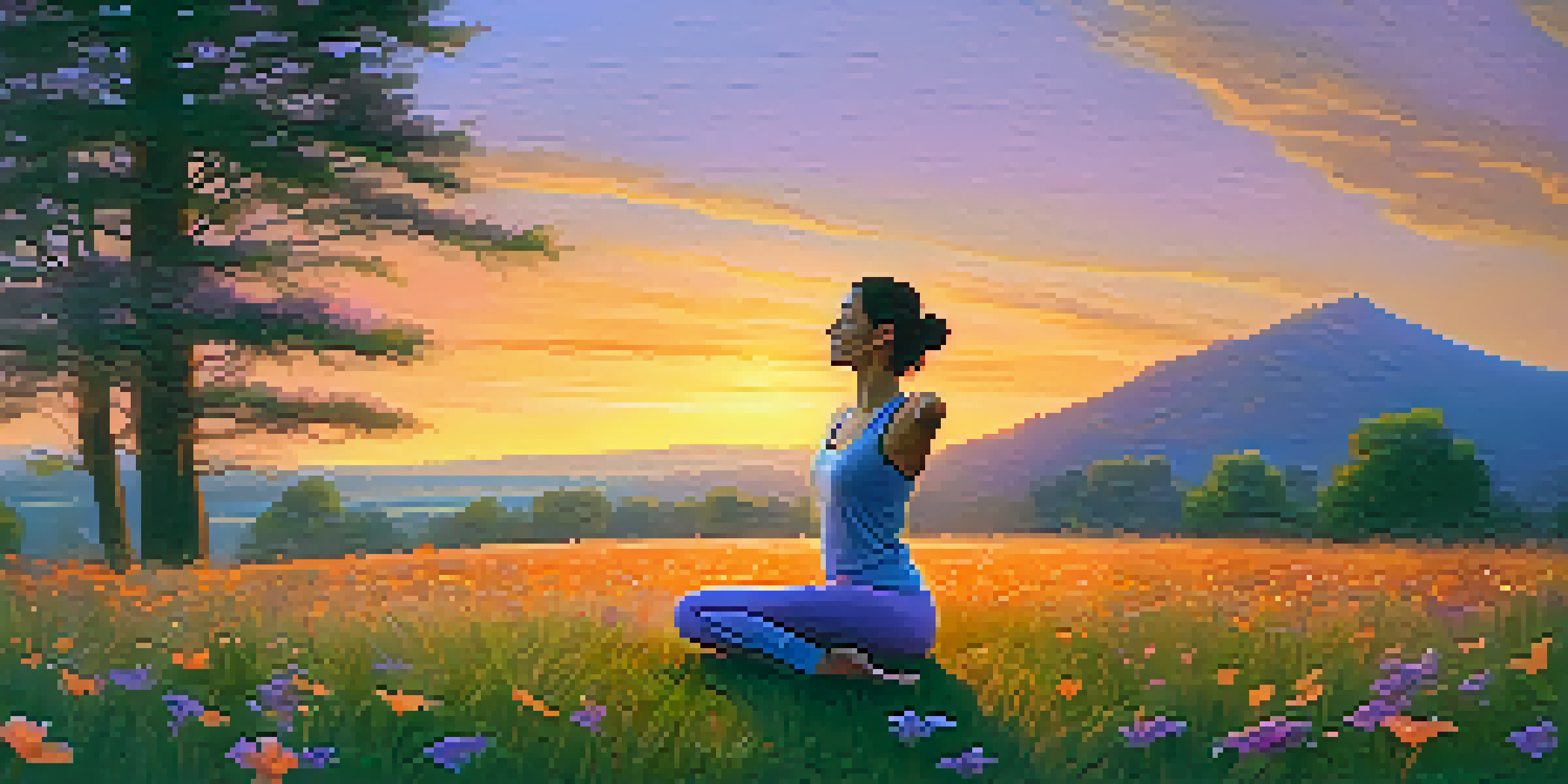An athlete practicing yoga on a grassy field at sunset, surrounded by flowers and greenery, conveying a sense of calm and relaxation.