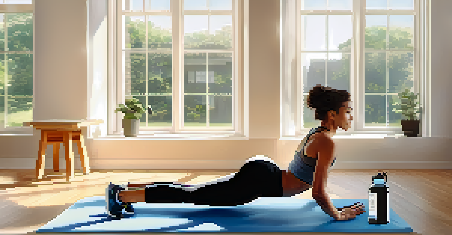 A person doing a plank exercise on a mat in a bright room with motivational quotes on the walls.