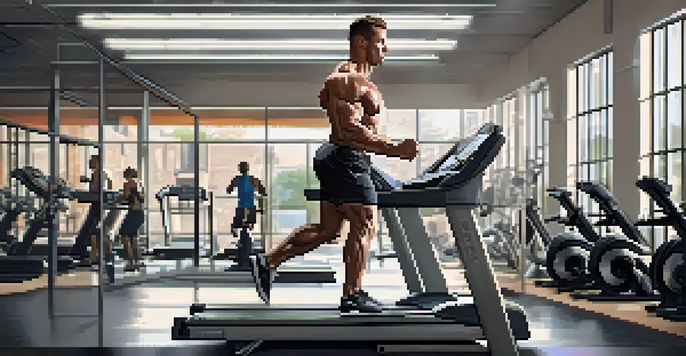 A bodybuilder running on a treadmill in a well-lit gym, displaying strong muscles and concentration.