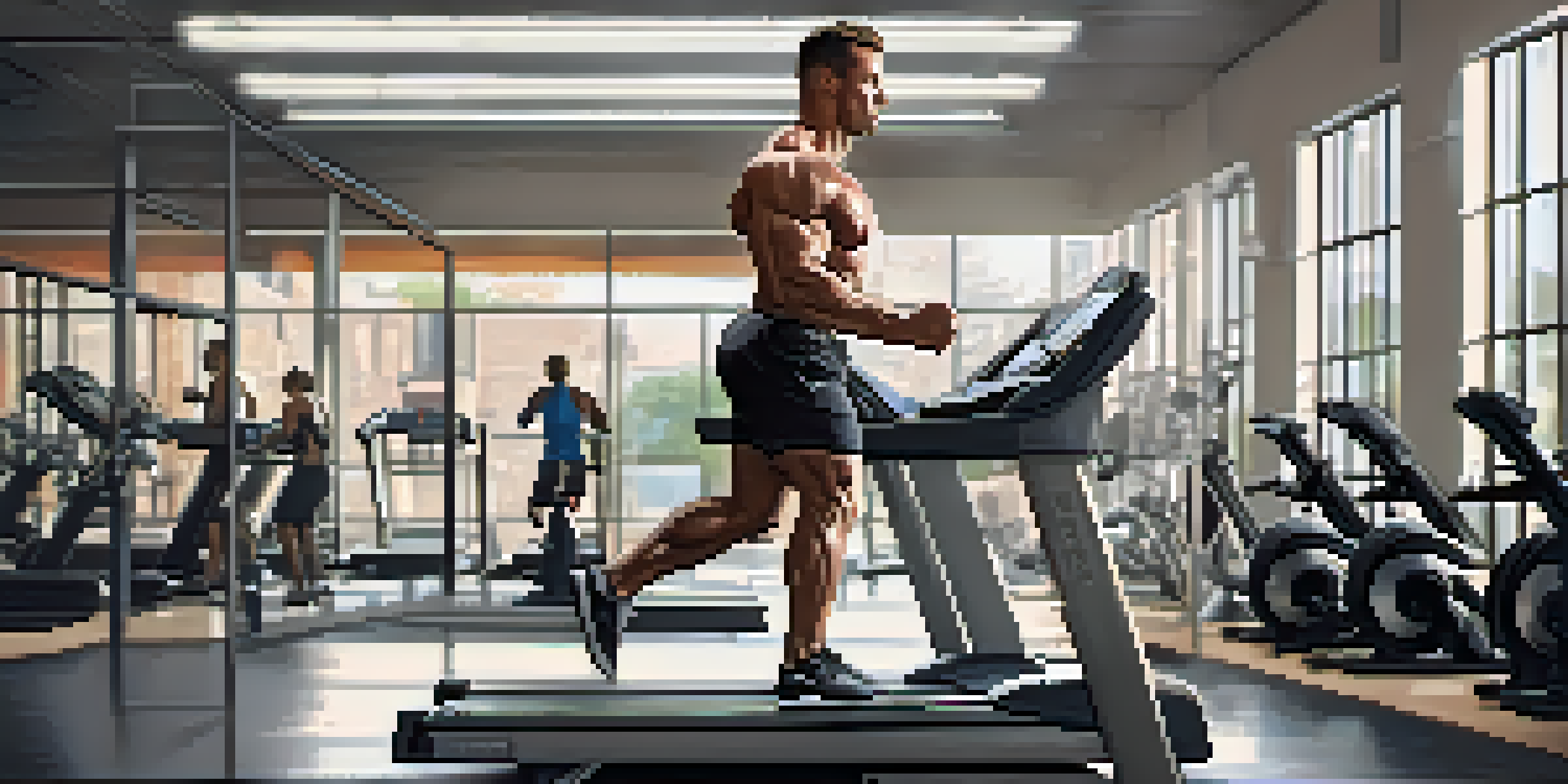 A bodybuilder running on a treadmill in a well-lit gym, displaying strong muscles and concentration.