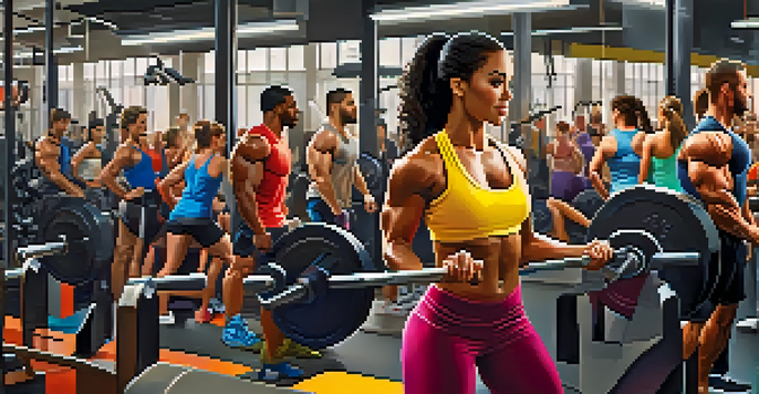 A diverse group of people working out in a bright and energetic gym, with a woman lifting weights and motivational quotes on the wall.