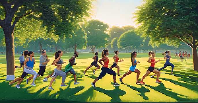 A diverse group of individuals exercising in a sunny park, showcasing activities like jogging, yoga, and cycling amidst greenery.