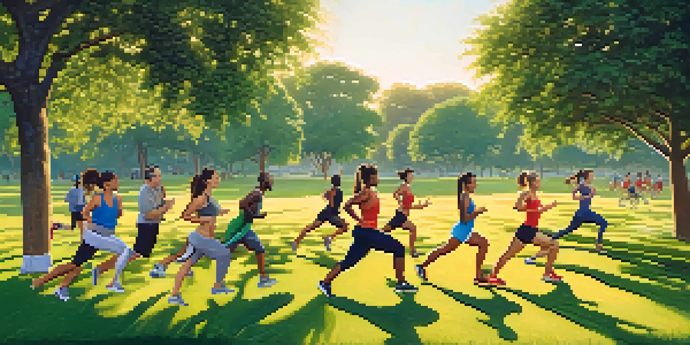 A diverse group of individuals exercising in a sunny park, showcasing activities like jogging, yoga, and cycling amidst greenery.