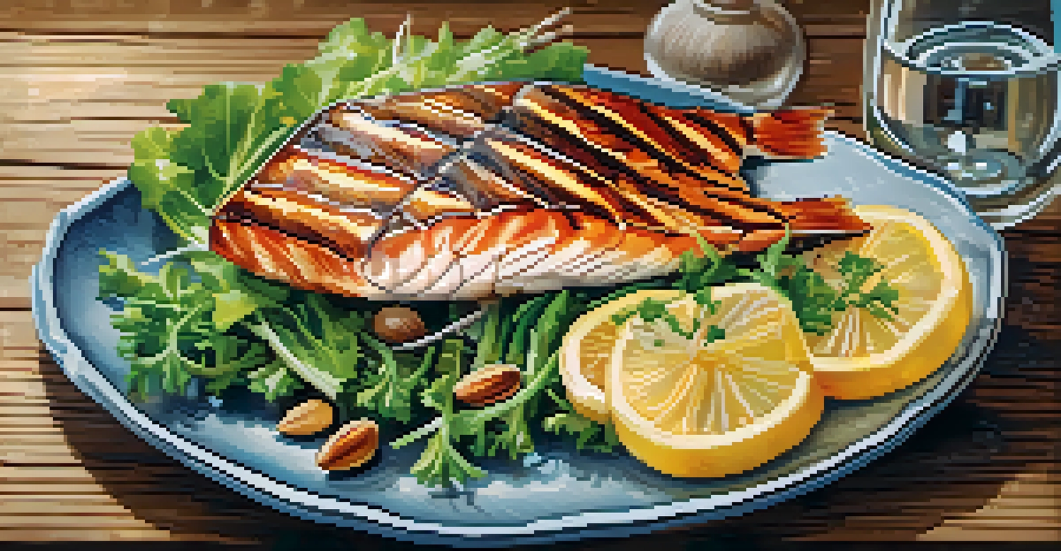 A nutritious meal featuring fatty fish, a salad with leafy greens, and nuts on a wooden table, emphasizing healthy eating for joint health.